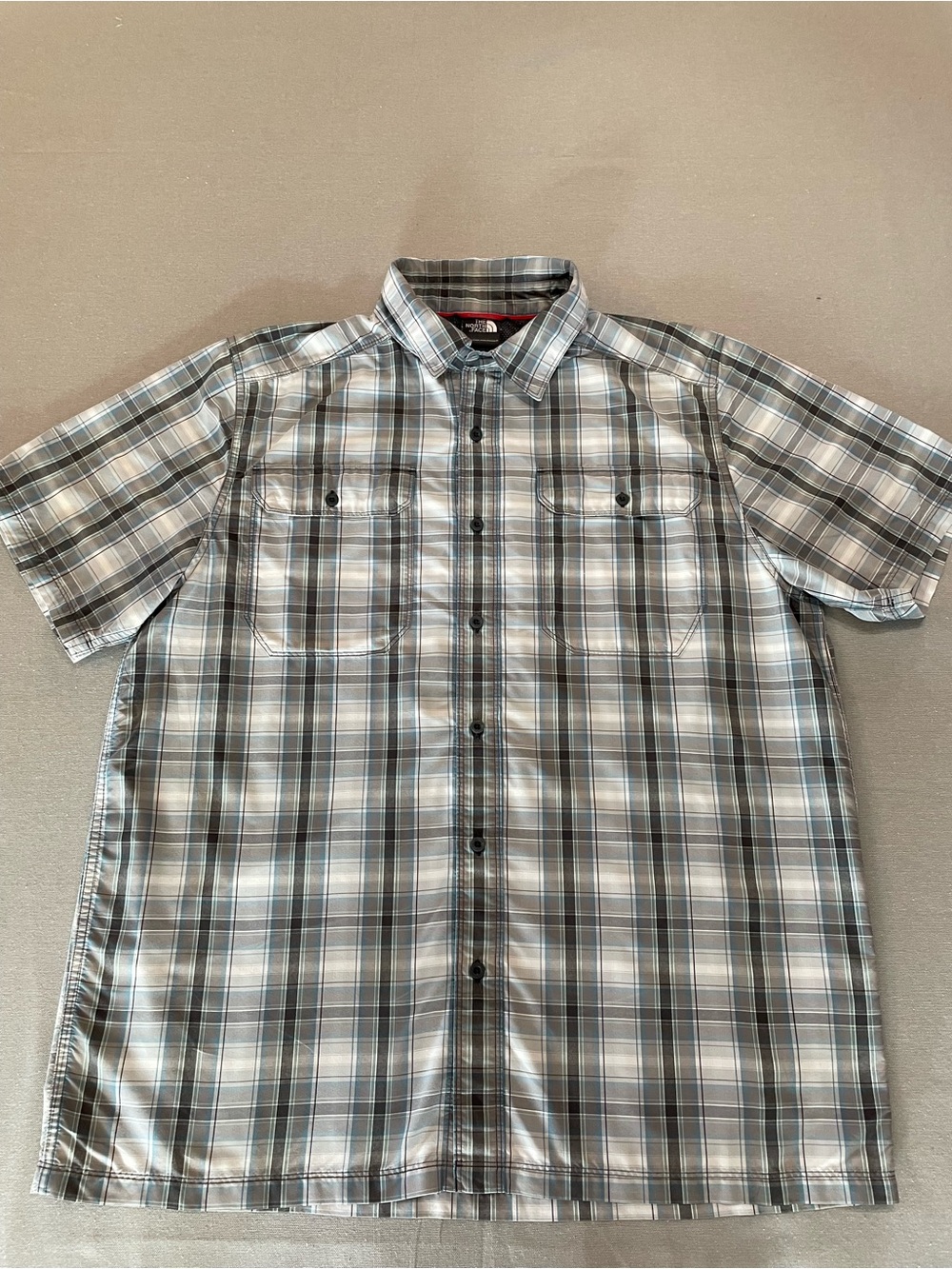 The North Face Gray and Blue Plaid Short-Sleeve Button-Down Shirt